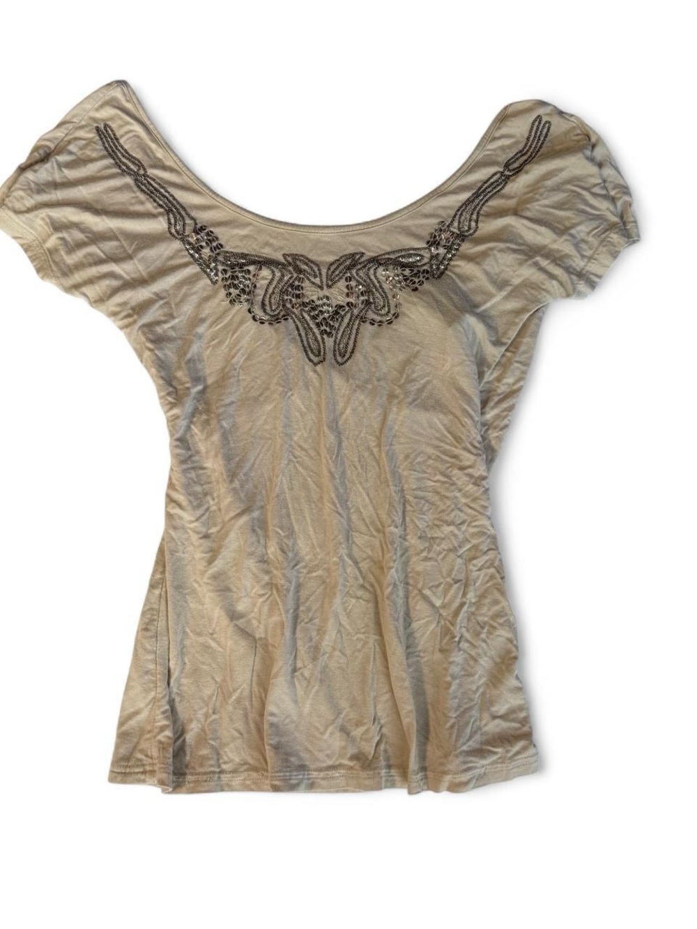 Y2K Boutique Tan Sequin Low Back Top Black Floral Embroidered S Fairycore